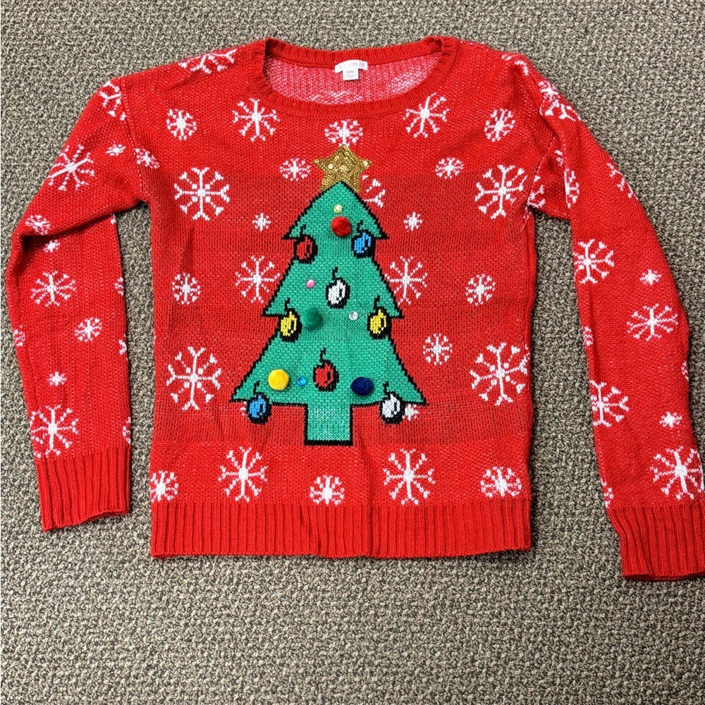 Festive Red Christmas Sweater with Tree Design